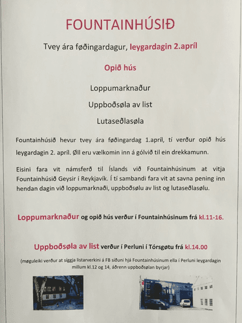 Opið hús, loppumarknaður og uppboðssøla av list, leygardagin 2.apríl